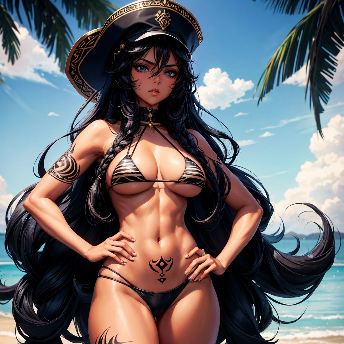 an Arab woman in her twenties, mid-length curly black hair, dark skin, little breasts, ice blue eyes, black tiger tattoo on the left arm, she nude, arms crossed, white bikini , black baseball cap, arrogant, ghetto, sexy body, digital art style