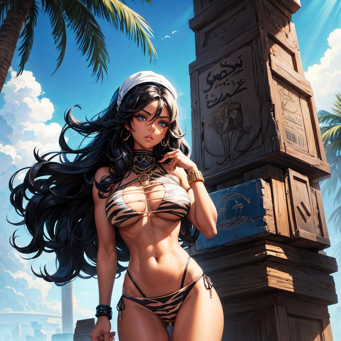 an Arab woman in her twenties, mid-length curly black hair, dark skin, little breasts, ice blue eyes, black tiger tattoo on the left arm, she nude, arms crossed, white bikini , black baseball cap, arrogant, ghetto, sexy body, digital art style