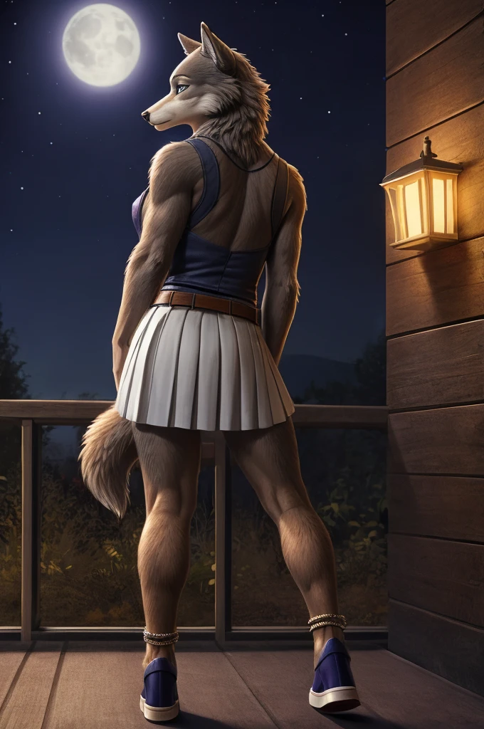 Juno is a gray wolf with curled brown fur and blue eyes. She is wearing her a long pleated white skirt decorated with two light white horizontal lines near the hem, a thin tan belt, white anklet socks, and black Mary Jane shoes. anthro wolf, female, adult, brown fur, buffed body, tail, sexy, beefy body, furred body, furry chest hair, realistic, full body, photorealistic, ultra realistic, 8k, night, bare-chested, in back turned posing, sexy butt