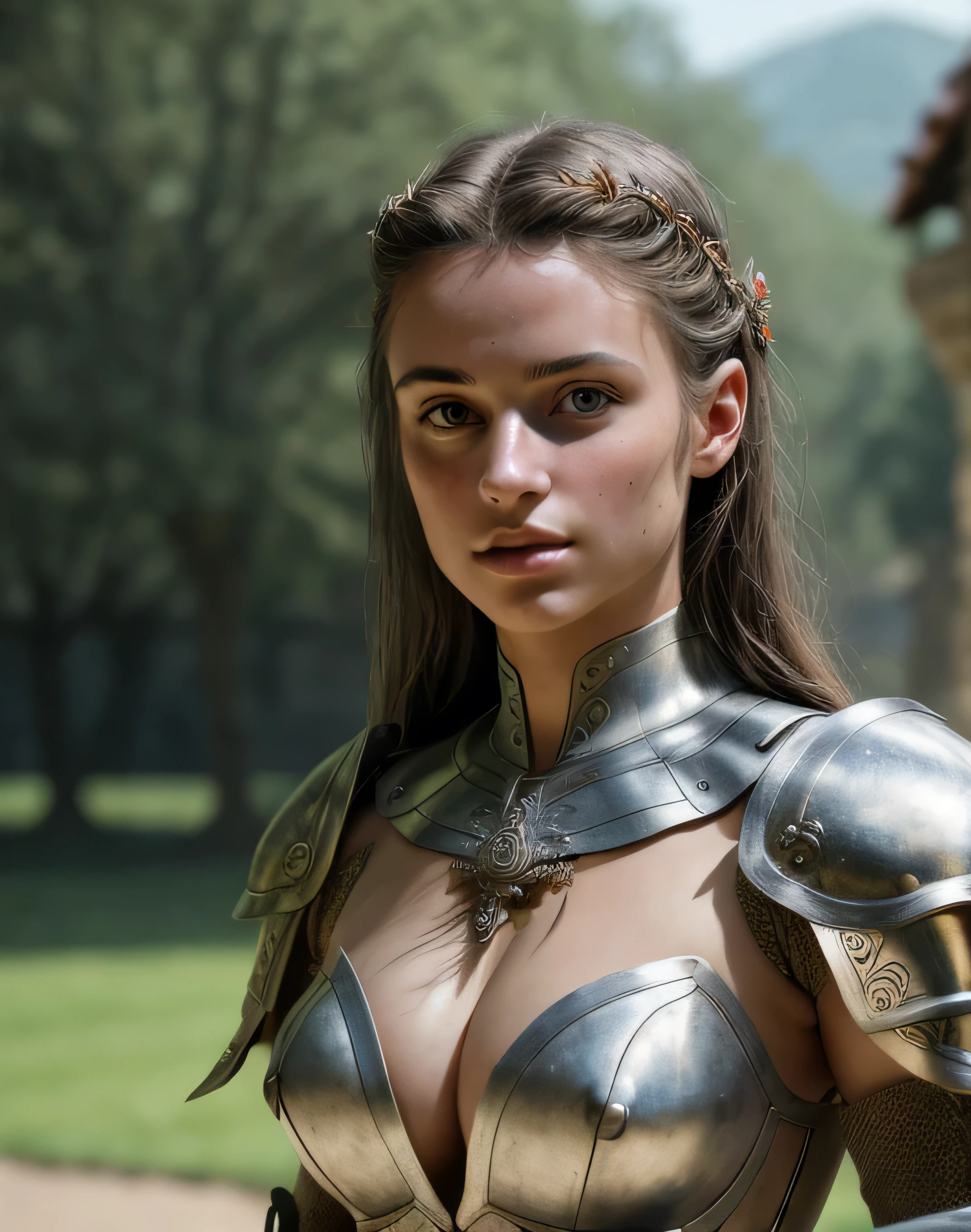 (masterpiece), (extremely intricate:1.3),, (realistic), portrait of a girl, the most beautiful in the world, (medieval armor), metal reflections, upper body, outdoors, intense sunlight, far away castle, professional photograph of a stunning woman detailed, sharp focus, dramatic, award winning, cinematic lighting, octane render, unreal engine, volumetrics dtx, (film grain, bokeh, blurry foreground, blurry background), crest on chest