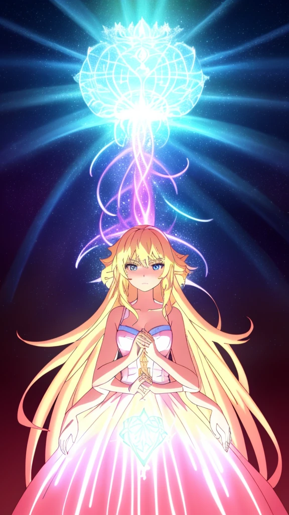 beautiful girl, puffy tiered ballgown, vibrant pastel colors,(20years old,madure female),(angry),closed mouth,white dress,cleavage,sleeveless,((glowing blonde long hair)), magical lights, sparkling magical liquid, inspired by Glen Keane, inspired by Lois van Baarle, disney art style, by Lois van Baarle, glowing aura around her, by Glen Keane, jen bartel, glowing lights! digital painting, flowing glowing hair, glowing flowing hair, beautiful digital illustration, fantasia background, whimsical, magical, fantasy, ((masterpiece, best quality)), intricate details, highly detailed, sharp focus, 8k resolution, sparkling detailed eyes, liquid watercolor,forest,night,(extra arms)