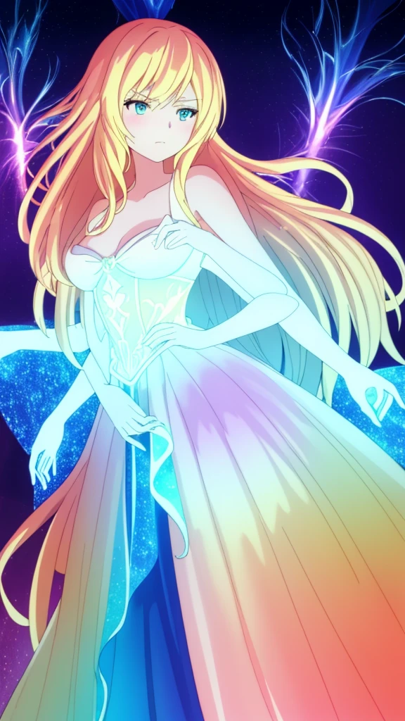 beautiful girl, puffy tiered ballgown, vibrant pastel colors,(20years old,madure female),(angry),closed mouth,white dress,cleavage,sleeveless,((glowing blonde long hair)), magical lights, sparkling magical liquid, inspired by Glen Keane, inspired by Lois van Baarle, disney art style, by Lois van Baarle, glowing aura around her, by Glen Keane, jen bartel, glowing lights! digital painting, flowing glowing hair, glowing flowing hair, beautiful digital illustration, fantasia background, whimsical, magical, fantasy, ((masterpiece, best quality)), intricate details, highly detailed, sharp focus, 8k resolution, sparkling detailed eyes, liquid watercolor,forest,night,(extra arms)
