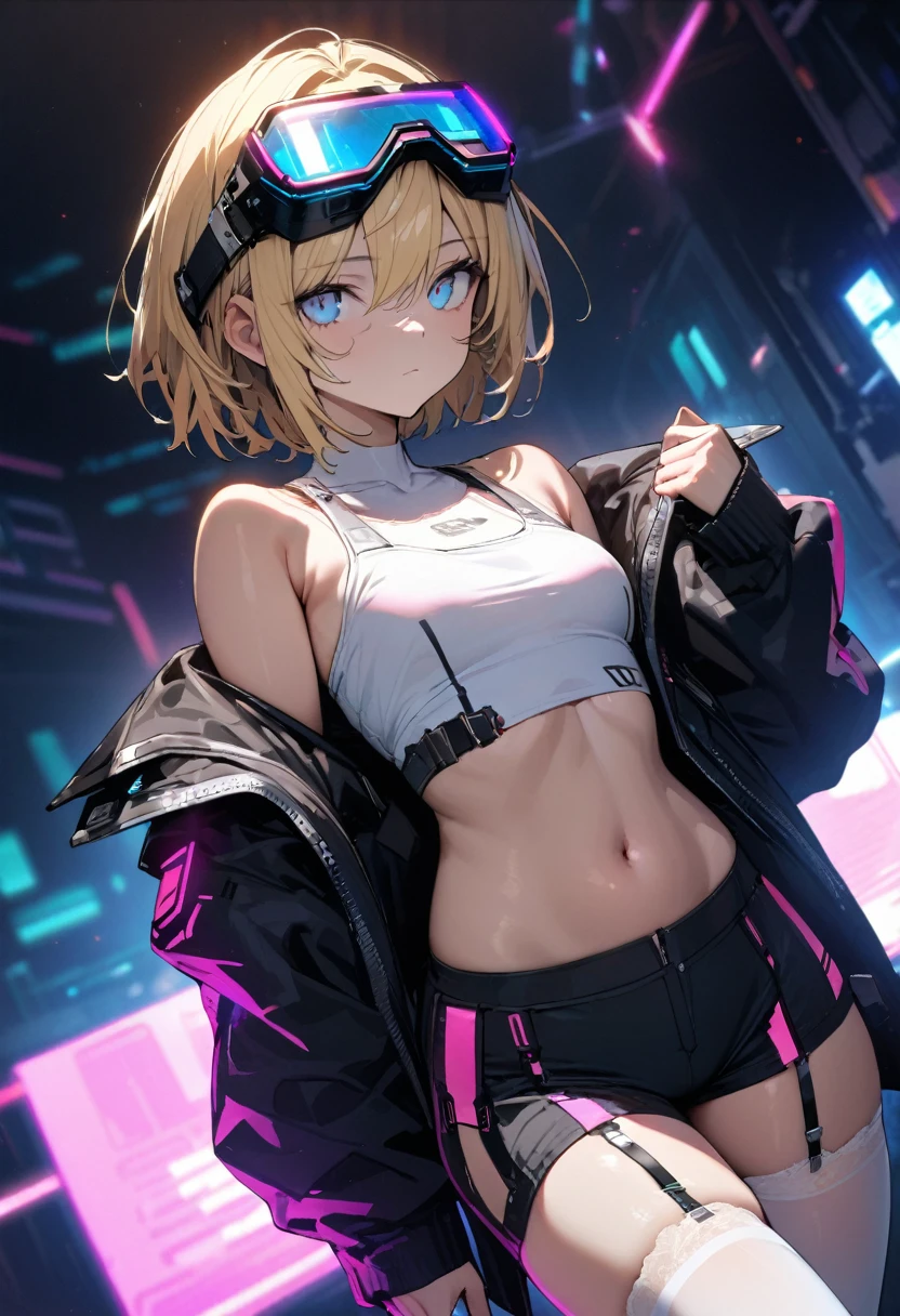 a handsome girl, solo, blond hair, short hair, blue eyes,(bright eyes:1.2),
cyber punk black jacket, white tank top, goggles on head,
[navel], off shoulder, open jacket, black shorts, garter rings, white tights,
expressionless, blurry background, perfect lighting, perfect angle, masterpiece, best quality, extremely detailed face,