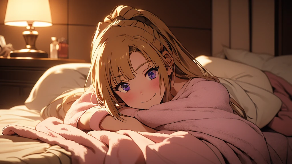 (masterpiece:1.4), (high-quality, high-definition, high-resolution), (primary warm vivid color palette),a beautiful woman, Kei Karuizawa, blonde hair, ponytail hairstyles, ponytail, bangs, violet eyes, smiling , smile, warm smile, cooling sheet on forehead, wears warm pajamas, huddled under quilt in bed in private room, cold symptoms, pained expression, dark room, (night, moonlight enters the room), (wrapped in a blanket, a Smartphone in her hand:1.2), (richly drawn and delicate)