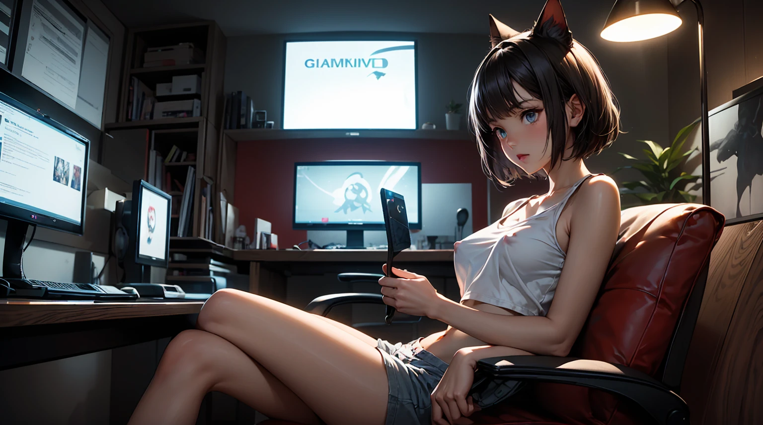 Create a high-quality, detailed image of a beautiful, anime cat girl and short hair, beautiful eyes, sitting at her gaming PC in her gaming room. She is wearing a tank top, barely showing her nipples, and sleep shorts, showing her midriff, highlighting her stunning curves. The warm, inviting scene includes soft ambient lighting, comfortable seating, The setting is illuminated by a small lamp, creating a serene and intimate atmosphere