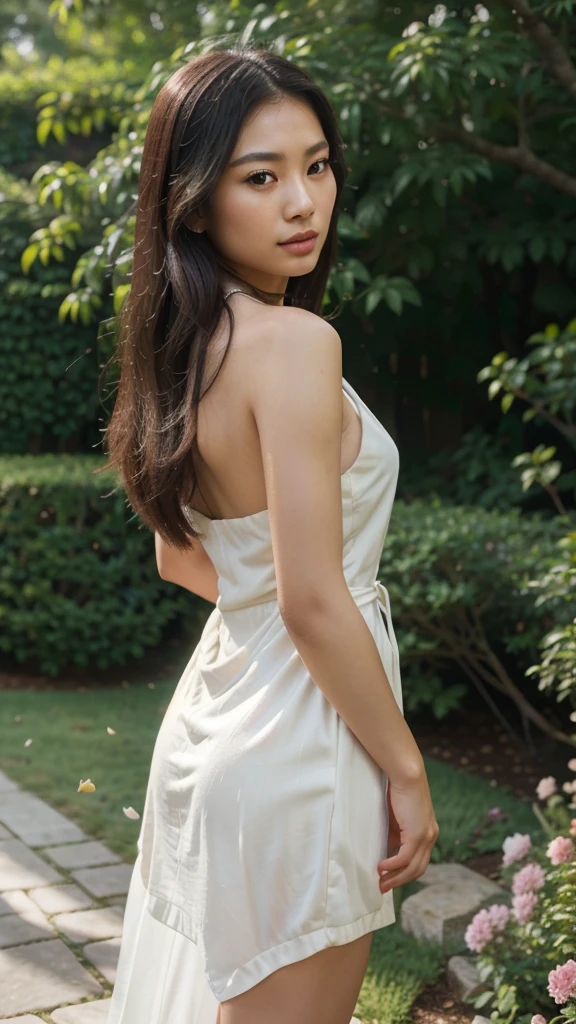 a beautiful young asian woman with a slim body, elegant dress, flowing hair, delicate facial features, intricate makeup, serene expression, outdoor garden background with flowers and natural lighting, (best quality,4k,8k,highres,masterpiece:1.2),ultra-detailed,(realistic,photorealistic,photo-realistic:1.37),intricate details,vibrant colors,cinematic lighting,portrait,elegant,ethereal