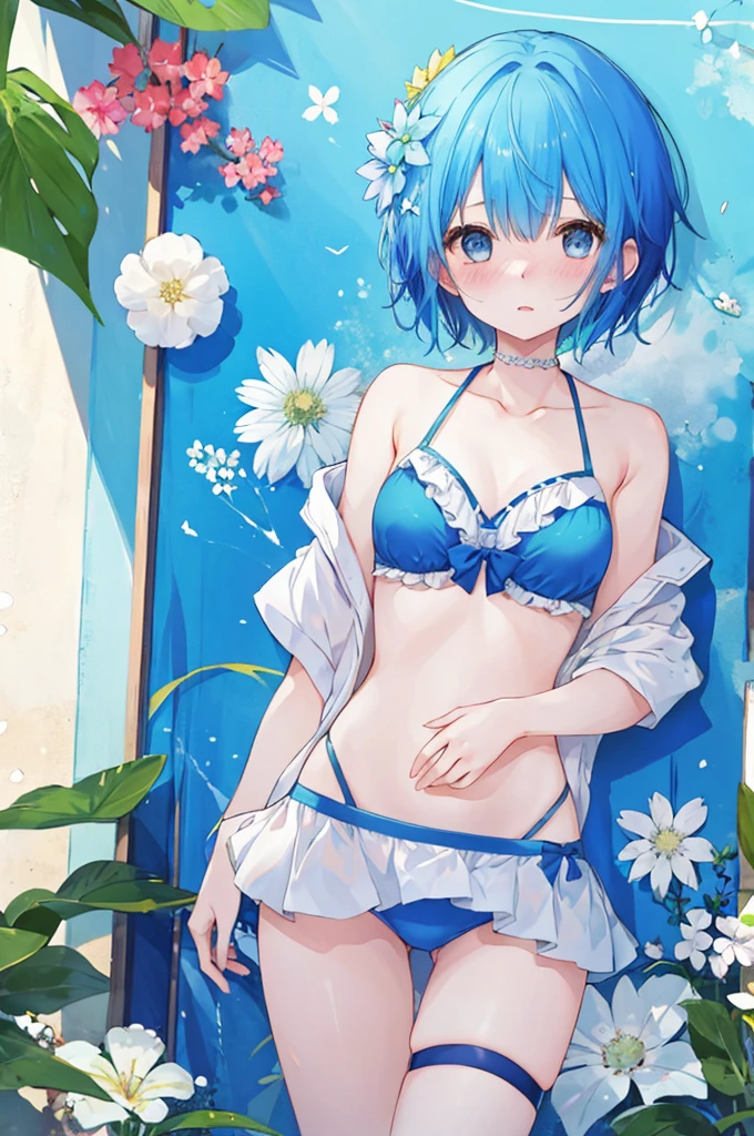 Girl、Blue hair short、bikini、Embarrassed