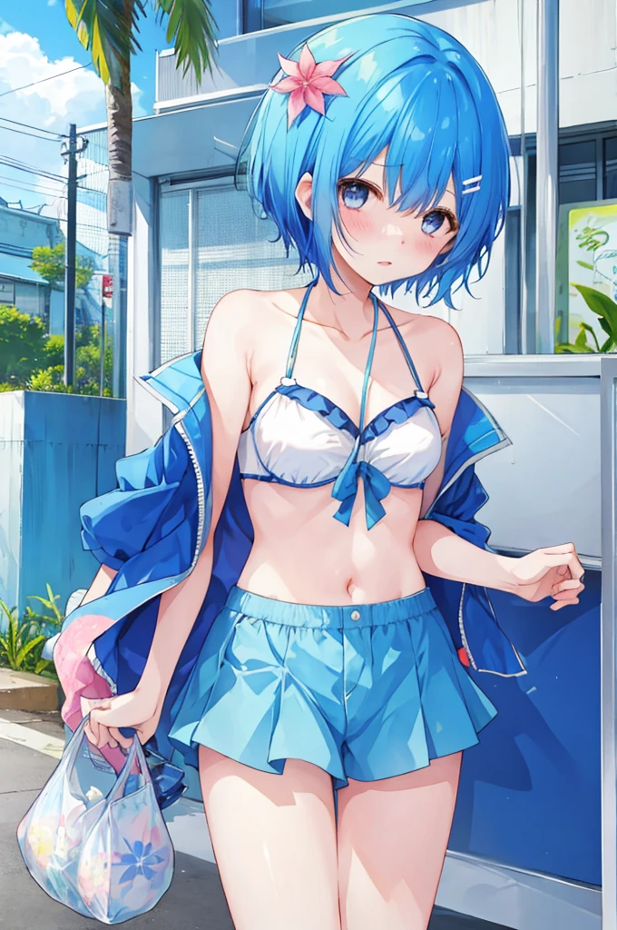 Girl、Blue hair short、bikini、Embarrassed
