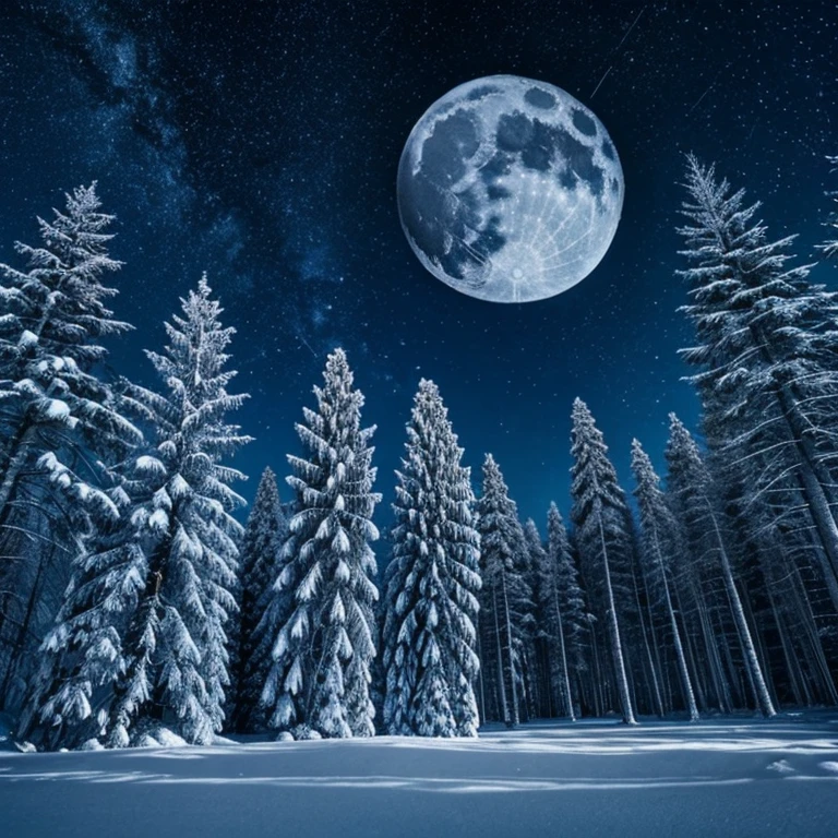 winter forest against the backdrop of the moon and stars