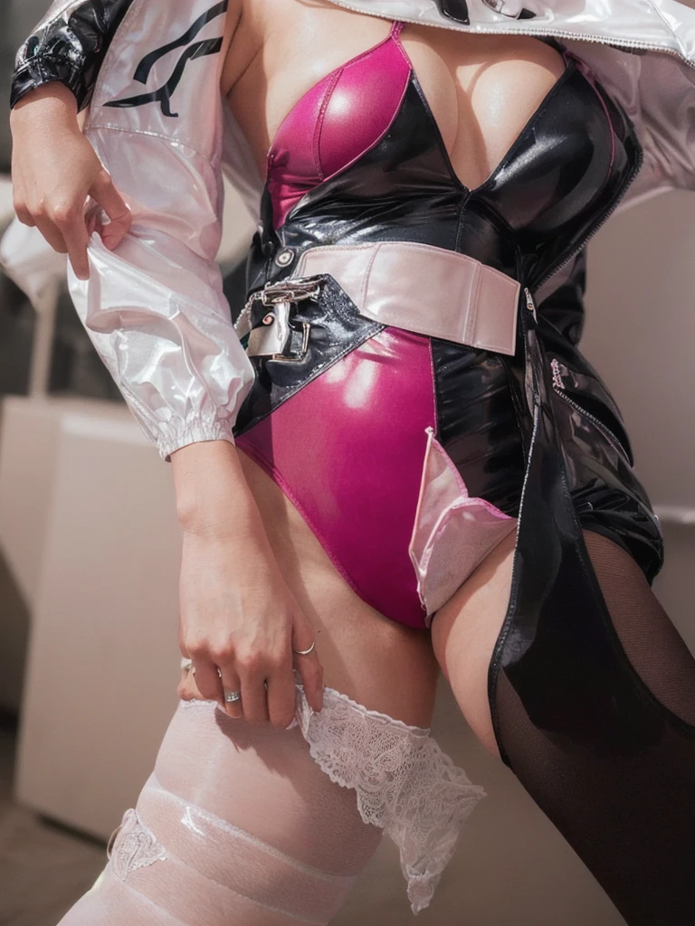 (32k, RAW photo, best quality, masterpiece:1.5), (realistic, photo-realistic:1.8), (extremely detailed 32k wallpaper),((ultra high detail latex playboy bunny )),((ultra high detail bunnygurl outfit )),((ultra high detail grossy satin playboy bunny ))((highleg leotard:2.0 )) ,best quality, ,high detailed,(32k, ultrarealistic photo :2.0), (best quality, masterpiece:1.5),(intricate thigh high),((ultra high detail thong playboy bunny:1.2~1.7 )),(( midriff pink twe-tone line jacket))) ((High Detail shiny pink-white latex midriff tight down jacket )), ((hyperdetailed grossy clothing:1.8 )) (intricate thigh high pantyhose),((ultra high detail pink twe tone highleg skimpy shorts:1.2~1.7 )),((low leg skimpy low-waist shorts2.0))