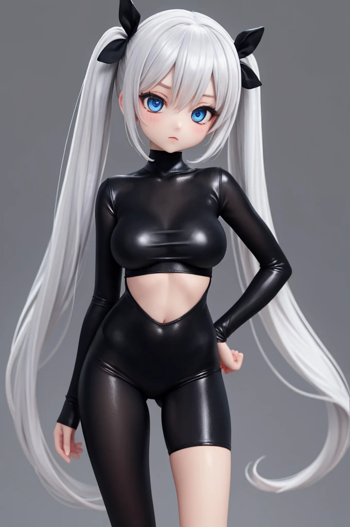 ,(Simple Background), woman alone, View your viewers,  Silver Hair,(gigantic breasts), blue eyes, Very long twin tails, Very long hair,black zentai,,Small Ass,skinny,Thin legs