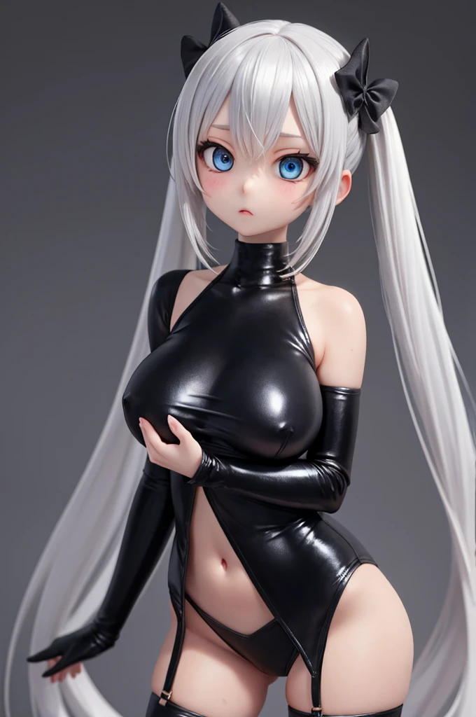 ,(Simple Background), woman alone, View your viewers,  Silver Hair,(gigantic ), blue eyes, Very long twin tails, Very long hair,black zentai,,Small Ass,skinny,Thin legs