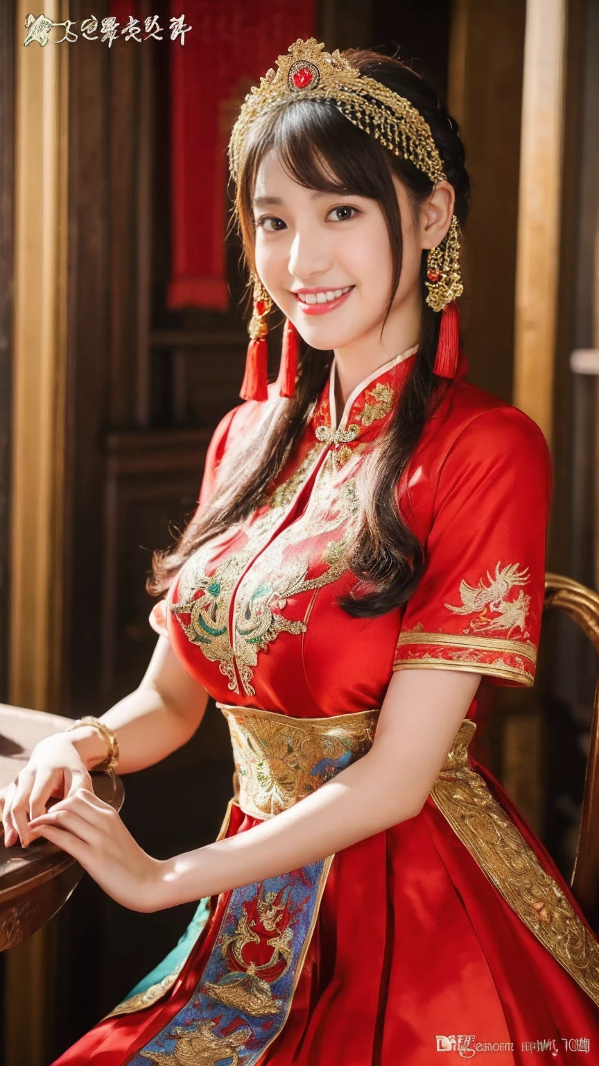 (8K, RAW Photos, Highest quality, masterpiece: 1.2), ((Large Breasts:1.2)),(Realistic, Realistic: 1.37), 1 Girl, Wearing a red dress and headdress、A woman taking a photo, Gorgeous roleplay, Beautiful costumes, China dress, Complicated Dress, Complicated costumes, Traditional beauty, Gorgeous Chinese Model, Chinese Costume, Dressed in luxurious costumes, Wearing elegant Chinese Xiuhe clothing, chinese wedding dress, Phoenix crown summer hanging, Antique Bride, Hidekazu Costume, close, Wearing the Phoenix Crown, smile, No watermark, Dragon and phoenix embroidered dress, Medium Chest