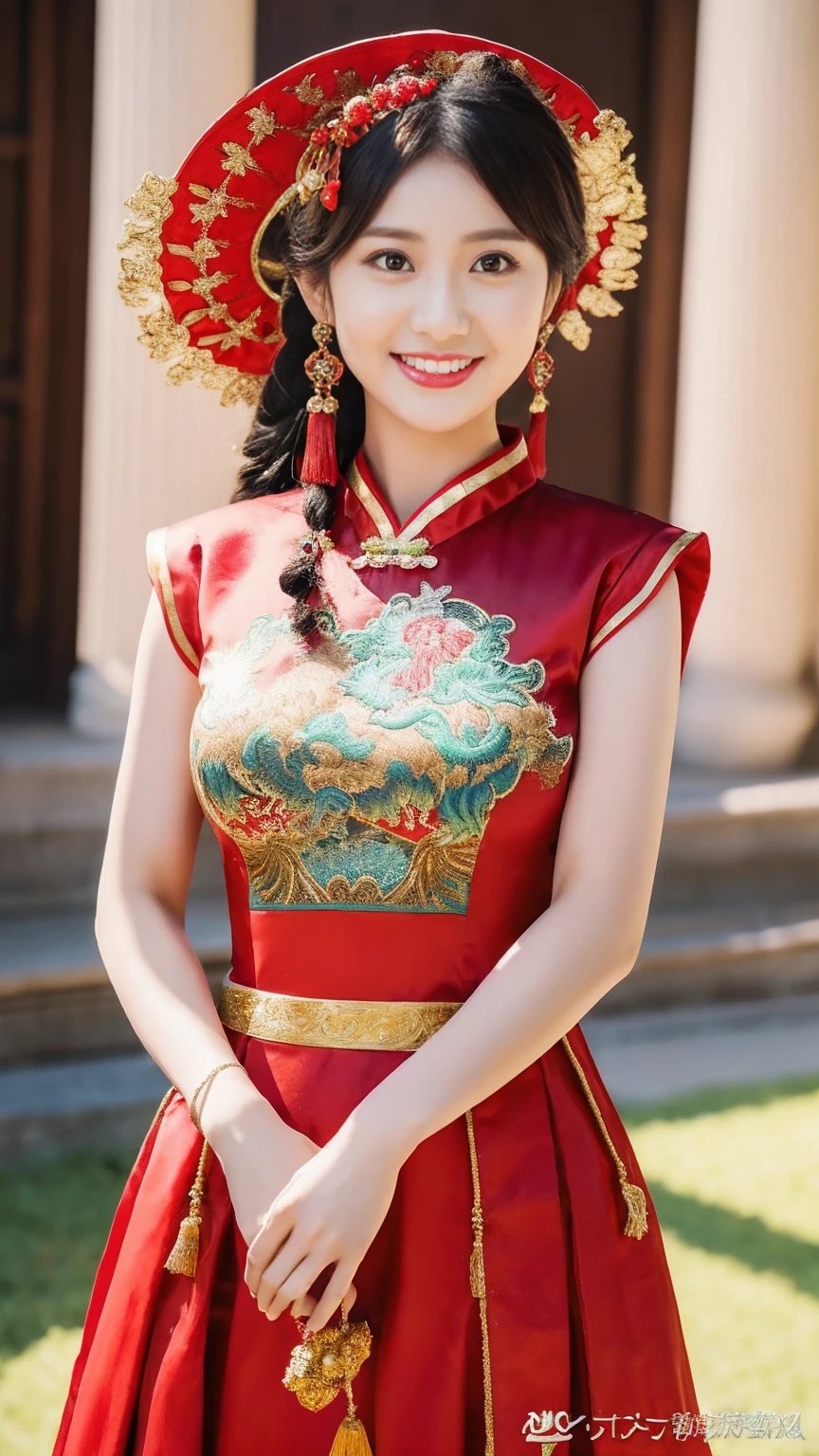 (8K, RAW Photos, Highest quality, masterpiece: 1.2), ((Large Breasts:1.2)),(Realistic, Realistic: 1.37), 1 Girl, Wearing a red dress and headdress、A woman taking a photo, Gorgeous roleplay, Beautiful costumes, China dress, Complicated Dress, Complicated costumes, Traditional beauty, Gorgeous Chinese Model, Chinese Costume, Dressed in luxurious costumes, Wearing elegant Chinese Xiuhe clothing, chinese wedding dress, Phoenix crown summer hanging, Antique Bride, Hidekazu Costume, close, Wearing the Phoenix Crown, smile, No watermark, Dragon and phoenix embroidered dress, Medium Chest
