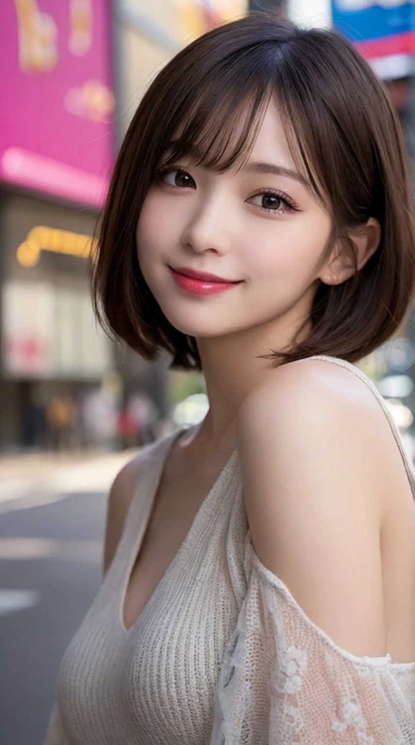 On the table, best quality, illustration, Extremely detailed, Fine details, high resolution, 8k wallpaper, Perfect dynamic composition, Beautiful and delicate eyes, Summer women's clothing,Short Bob Hairstyle,Small breasts natural lips, Bold and sexy pose,Smile,Harajuku、20 year old girl、Lovely、Sexy shot looking at camera,earrings