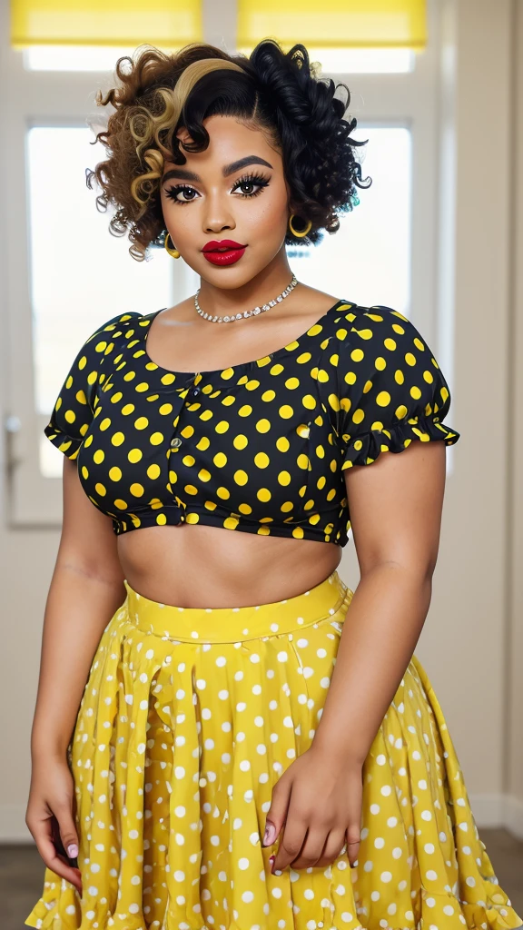A beautiful young woman with a curvy figure stands in a chic yellow polka-dot dress with a fitted top and flared skirt. Her curly hair is styled in a voluminous updo, and her makeup features deep eyeliner and bright lipstick. The 8K photo emphasizes her detailed skin texture and confident expression.