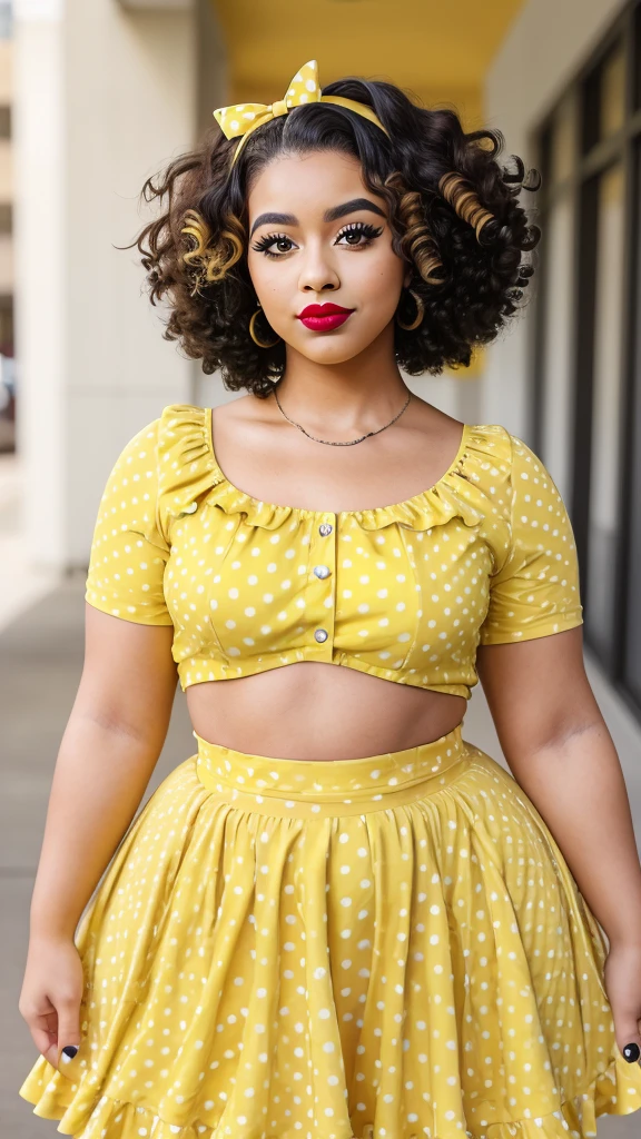 A beautiful young woman with a curvy figure stands in a chic yellow polka-dot dress with a fitted top and flared skirt. Her curly hair is styled in a voluminous updo, and her makeup features deep eyeliner and bright lipstick. The 8K photo emphasizes her detailed skin texture and confident expression.