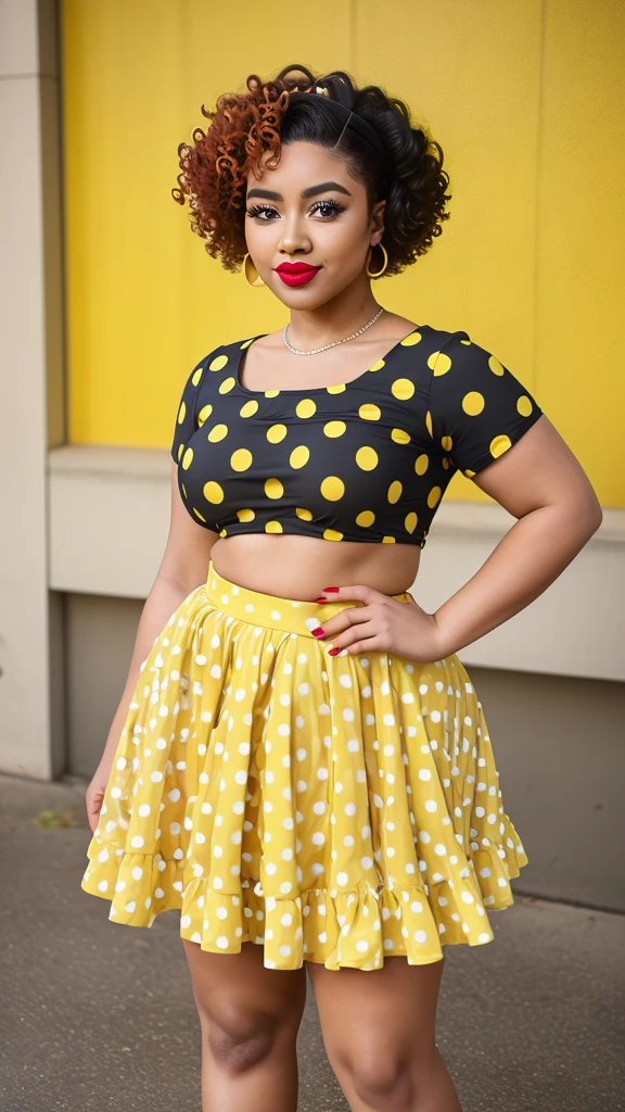 A beautiful young woman with a curvy figure stands in a chic yellow polka-dot dress with a fitted top and flared skirt. Her curly hair is styled in a voluminous updo, and her makeup features deep eyeliner and bright lipstick. The 8K photo emphasizes her detailed skin texture and confident expression.