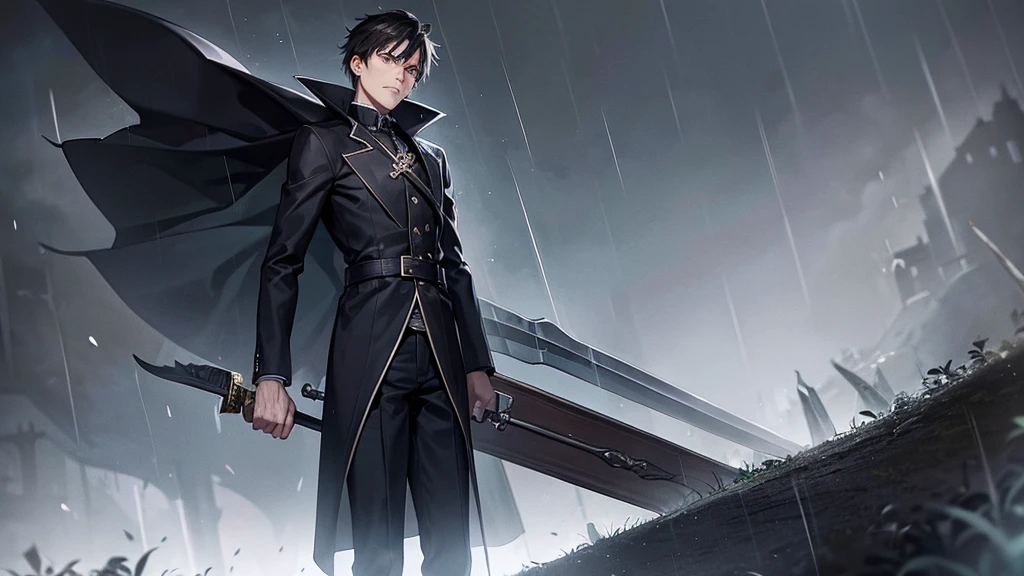 A man with a sword and coffin with rain and dark background