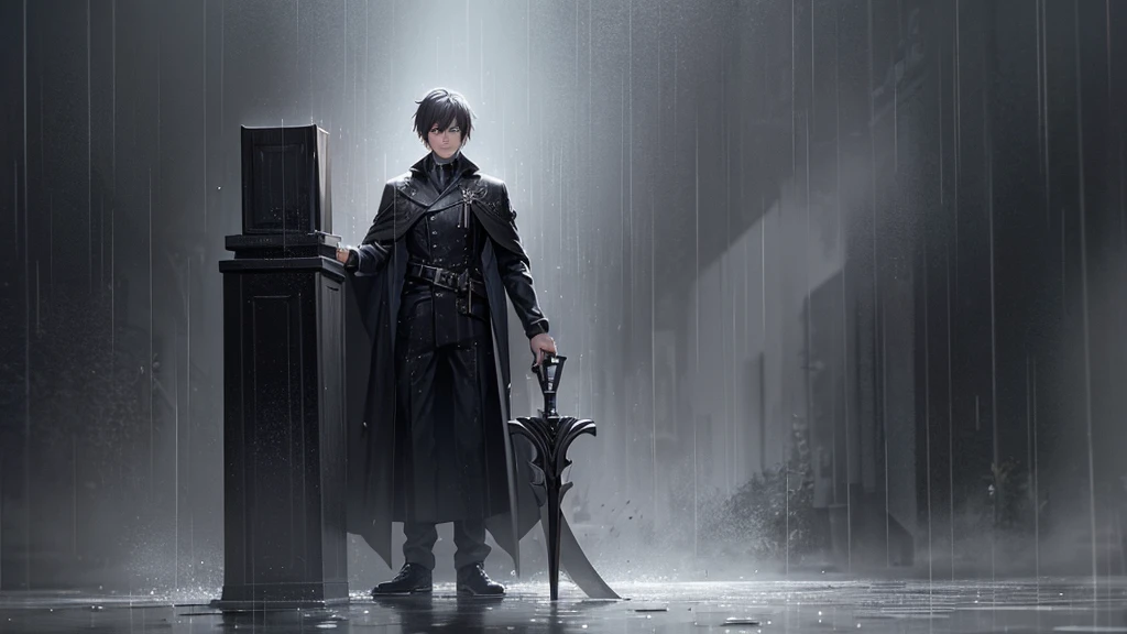 A man with a sword and coffin with rain and dark background
