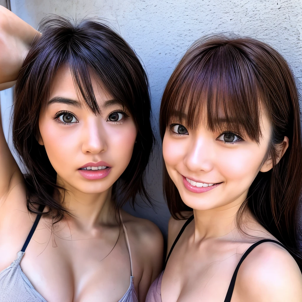 Two women of the same person huddled together、Exactly the same face、Exactly the same body type、Exactly the same hairstyle、Instagram model from another dimension, by 2 person, Imaginative, Metaphysical, Whimsical, Anaglyph Style, 1 Japan, Cute face, 18-year-old,