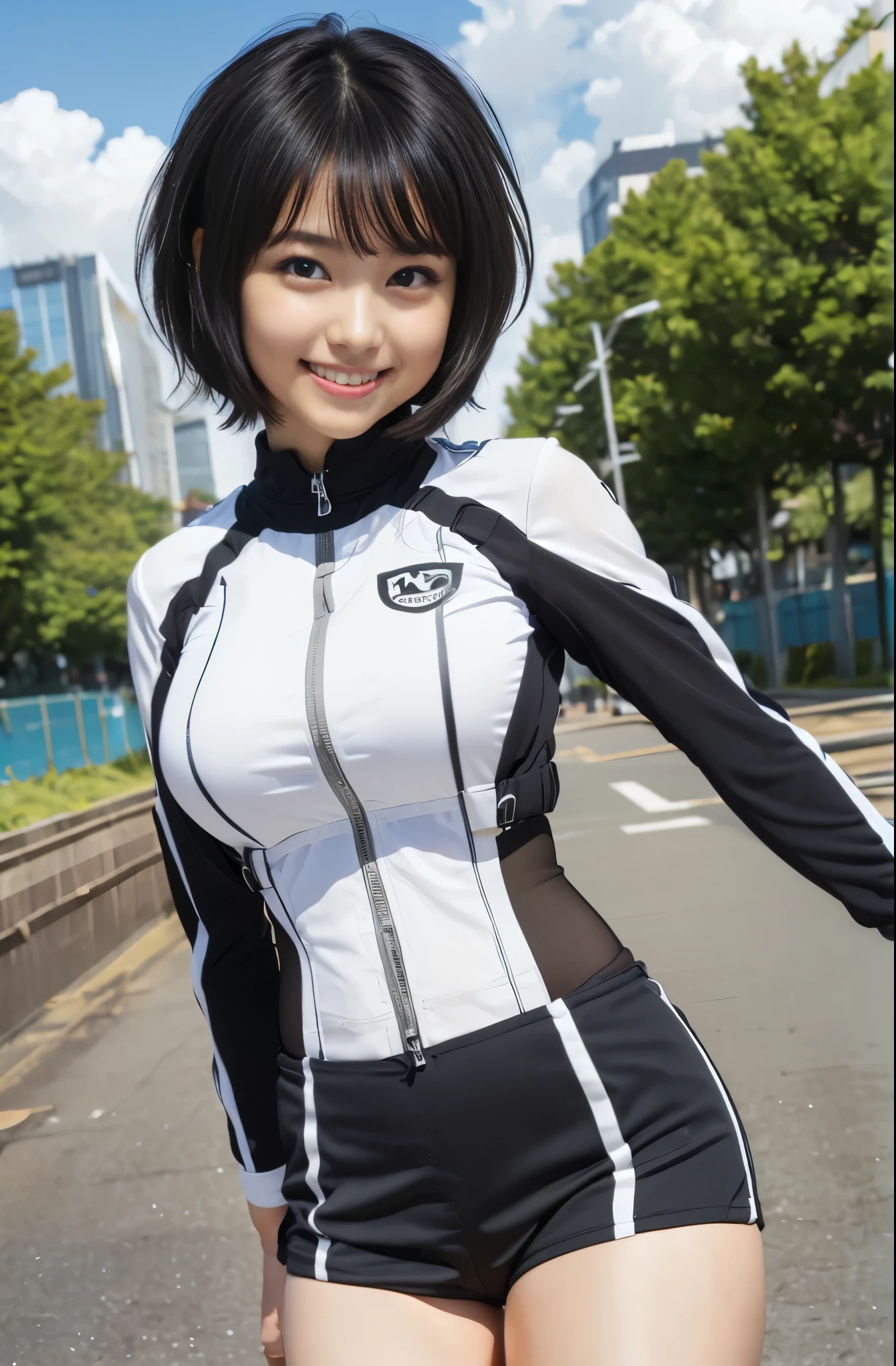 （8K、Raw photography、Highest quality、masterpiece：1.2),(Black Hair、Dark Eyes:1.9),(:1.6)、View your viewers,Front view,White skin,(:1.3)、(Tight waist:1.6)、(Clothes that accentuate the shape of the breasts:1.0)、(Big Breasts :1.3)、Slim figure、Ultra-high resolution,beautiful,beautiful fece,(One person、No background:1.9),whole bodyボディー,Japanese women,（reality的：1.37）、Photon Mapping,reality、(Baby-faced and cute: 1.2)、(Cute Smile: 1.8)、(Round face: 1.8)、Radio City、Physically Based Rendering、Depth of field rally background、photograph, (I can see your knees、Thigh close-up:1.8),（:1.6）,whole body、Great quality
