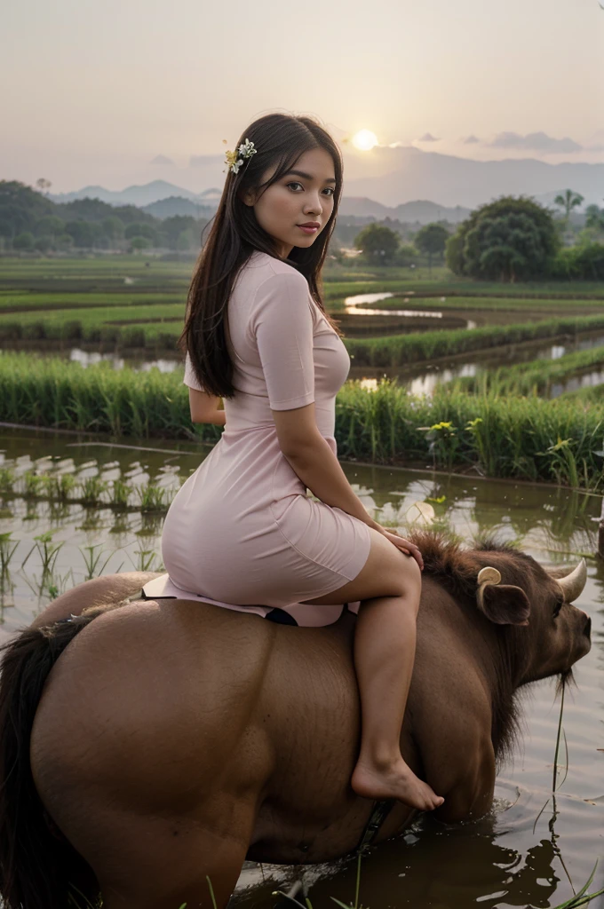 Beautiful young woman wearing Thai dress Ride a buffalo to graze in the rice fields in the evening,22 year old very innocent looking female from Asian country, her hair should be long black, height should be 5 feet 4 inches, skin color should be a mix of white and yellow, dress should be a light pink fancy dress with small flowers. The body should have a slightly tight dress Her chest area should show nice shape She should be in a beautiful mountainous environment Her full body should be visible She should have a nice smiley face She should have a medium body The photo should be 1024x1920 All the details like a real girl should appear in the photo, it should be a high quality photo, the photo should look like she is looking forward, the face should be realistic.