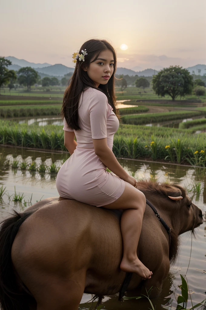 Beautiful young woman wearing Thai dress Ride a buffalo to graze in the rice fields in the evening,22 year old very innocent looking female from Asian country, her hair should be long black, height should be 5 feet 4 inches, skin color should be a mix of white and yellow, dress should be a light pink fancy dress with small flowers. The body should have a slightly tight dress Her chest area should show nice shape She should be in a beautiful mountainous environment Her full body should be visible She should have a nice smiley face She should have a medium body The photo should be 1024x1920 All the details like a real girl should appear in the photo, it should be a high quality photo, the photo should look like she is looking forward, the face should be realistic.