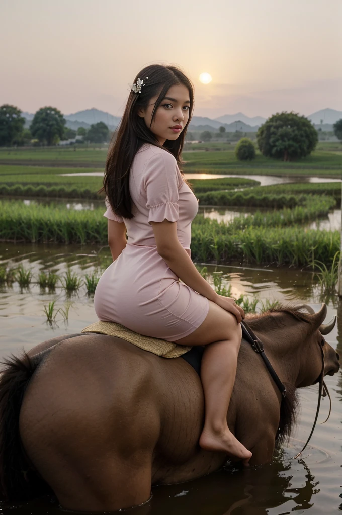 Beautiful young woman wearing Thai dress Ride a buffalo to graze in the rice fields in the evening,22 year old very innocent looking female from Asian country, her hair should be long black, height should be 5 feet 4 inches, skin color should be a mix of white and yellow, dress should be a light pink fancy dress with small flowers. The body should have a slightly tight dress Her chest area should show nice shape She should be in a beautiful mountainous environment Her full body should be visible She should have a nice smiley face She should have a medium body The photo should be 1024x1920 All the details like a real girl should appear in the photo, it should be a high quality photo, the photo should look like she is looking forward, the face should be realistic.
