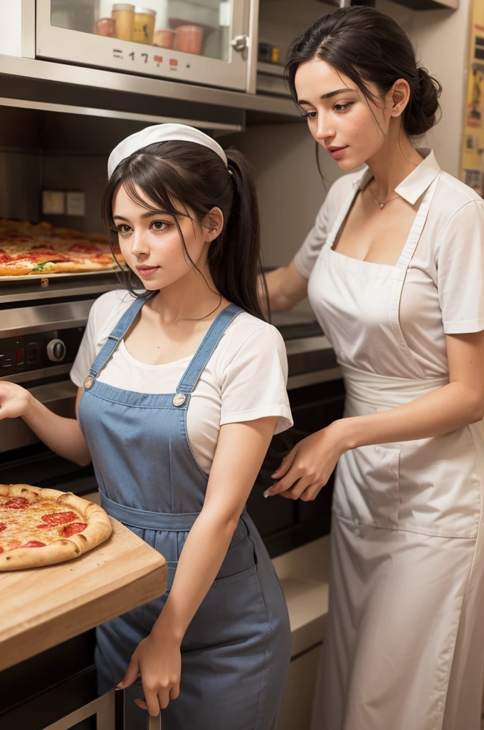 2girls,apron,naked apron,heart print,food print,ass,best quality,highly detailed,highres,8k,realistic,focus,depth of field ,long hairs,smile,earings <lora:nakedapron-000003:0.35>