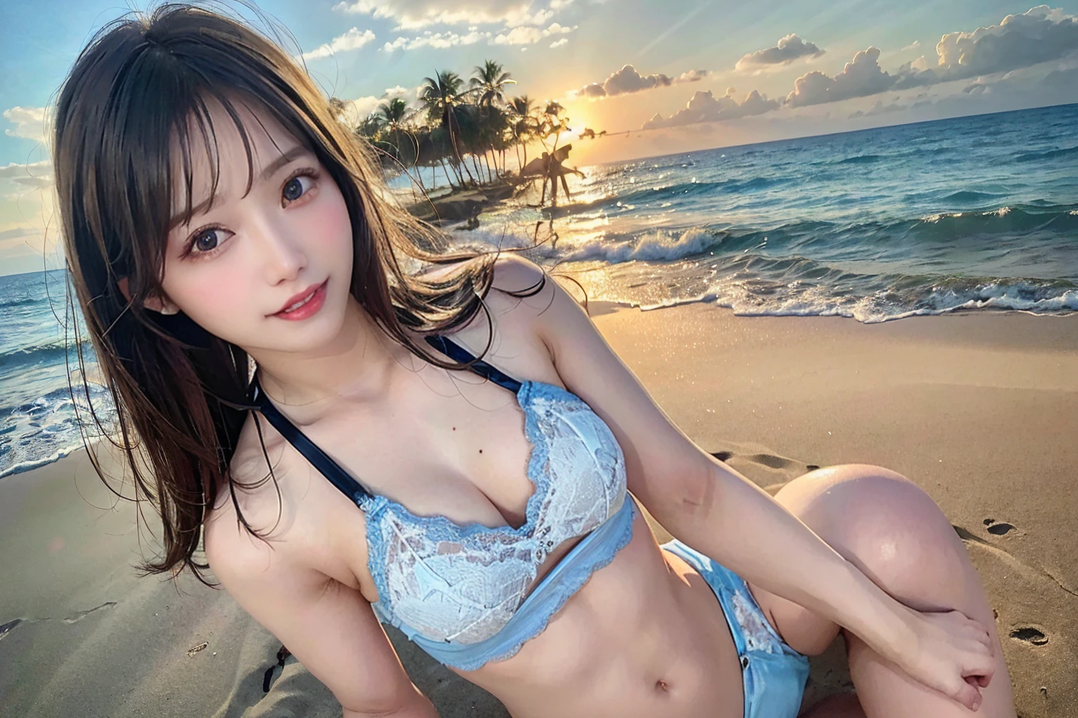 Esbian all over、Thigh Gap、((Hmph 48))、((Lens flare))、((Narrow waist))、((smile)),((Nikon and))、((((Age 19))))、(((Colorful lace bikini swimsuit)))、(((Muscle sensation)))、(((Photorealism:6, Realistic)))、Large Breasts、Perfect lower body shape、Naked butt、Pale-skinned、((Lying pose))、Beach、coastline、Wind、vague、 8K Ultra HD、Digital SLR、Soft Lighting、high quality、最high quality、Ultra-high resolution、(Photorealistic:1.4)、solo:1.5