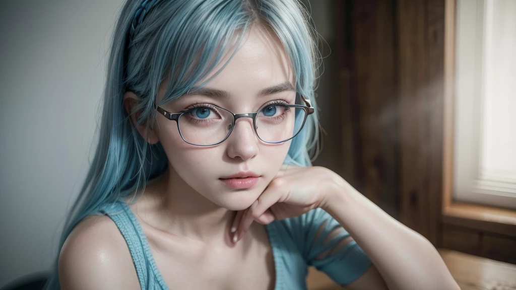 (8k, RAW photo, best quality, masterpiece:1.2), (realistic, photo-realistic:1.37),A girl with a very pretty face, fair skin, light blue hair, thin glasses, sitting in front of a microphone whispering into it making ASMR, she is facing the camera, she has a cute expressive face, big boob,Expose cleavage