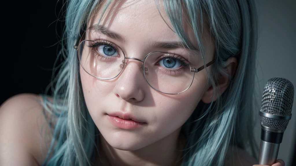 (8k, RAW photo, best quality, masterpiece:1.2), (realistic, photo-realistic:1.37)，A girl with a very pretty face, fair skin, light blue hair, thin glasses, sitting in front of a microphone whispering into it making ASMR, she is facing the camera,  she has a cute expressive face, big boob，Expose cleavage