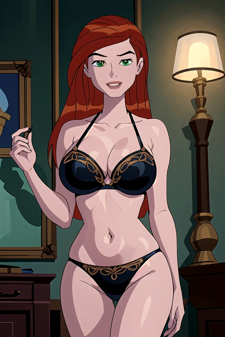 gwentennyson, (8k, RAW photo, best quality, masterpiece:1.2), (intricate details), perfect eyes, perfect face, perfect lighting, beautiful, (masterpiece:1.2), (best quality:1.2), 1girl, cartoon style, solo, redhead, green eyes, black bikini , smile , big breasts , wide hips , milf ,