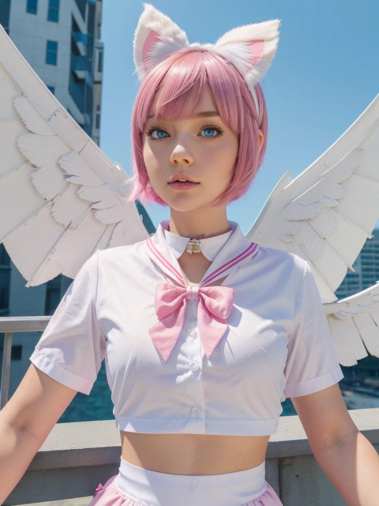 skistyle, 1girl, solo, pink hair, animal ears, blue eyes, wings, looking at viewer, bangs, short hair, bow, sailor collar, white sailor collar, hair bow, pink bow, closed mouth, shirt, white shirt, bear ears, bob cut, mini wings, portrait, detached wings, makeup, upper body, city in background