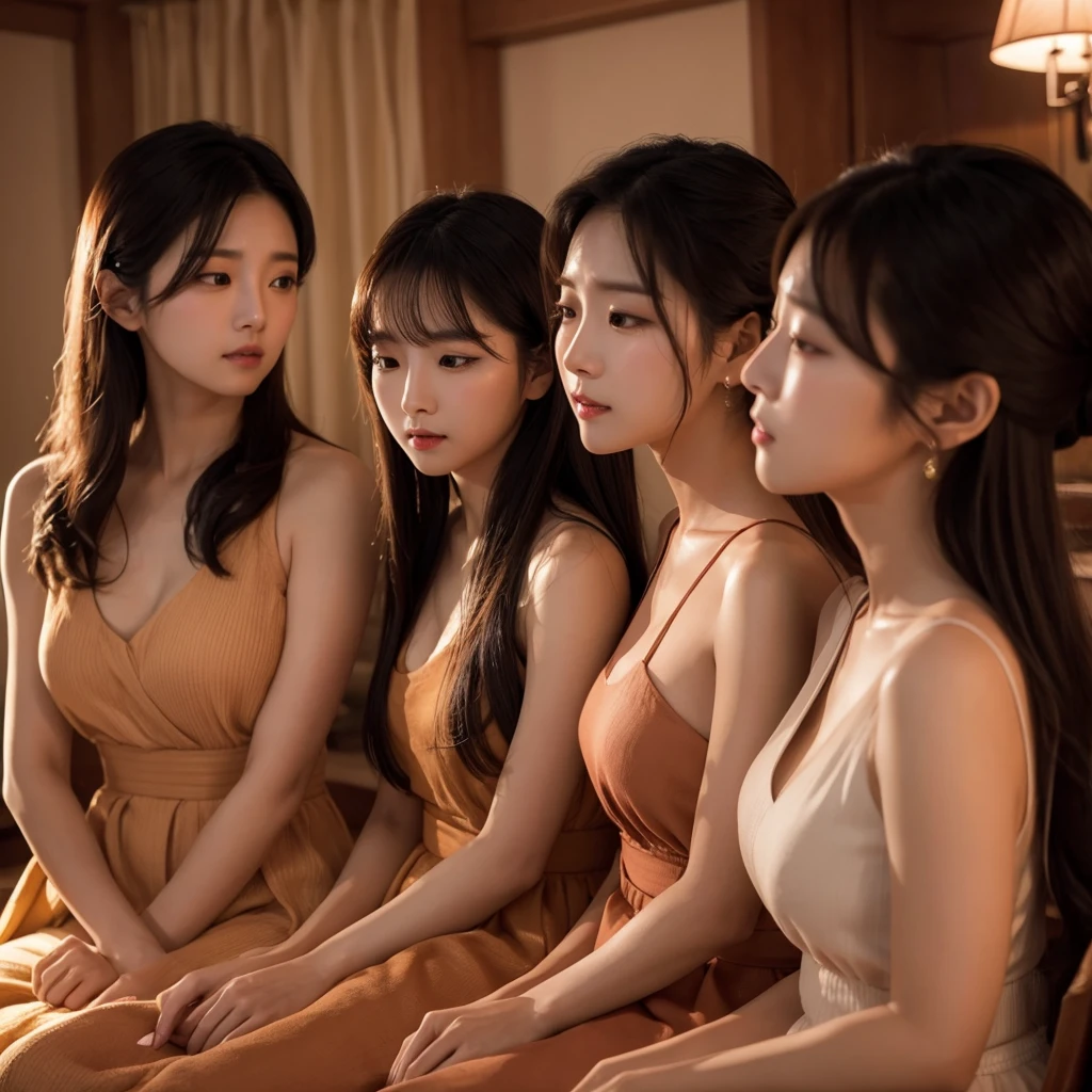 Prompt:
"Three Korean-style beautiful women singing emotionally in an intimate, warm-toned setting. The scene is warm and intimate, with slow pan and tilt shots capturing their emotive performances. The lighting is warm and soft, emphasizing their emotional expressions."