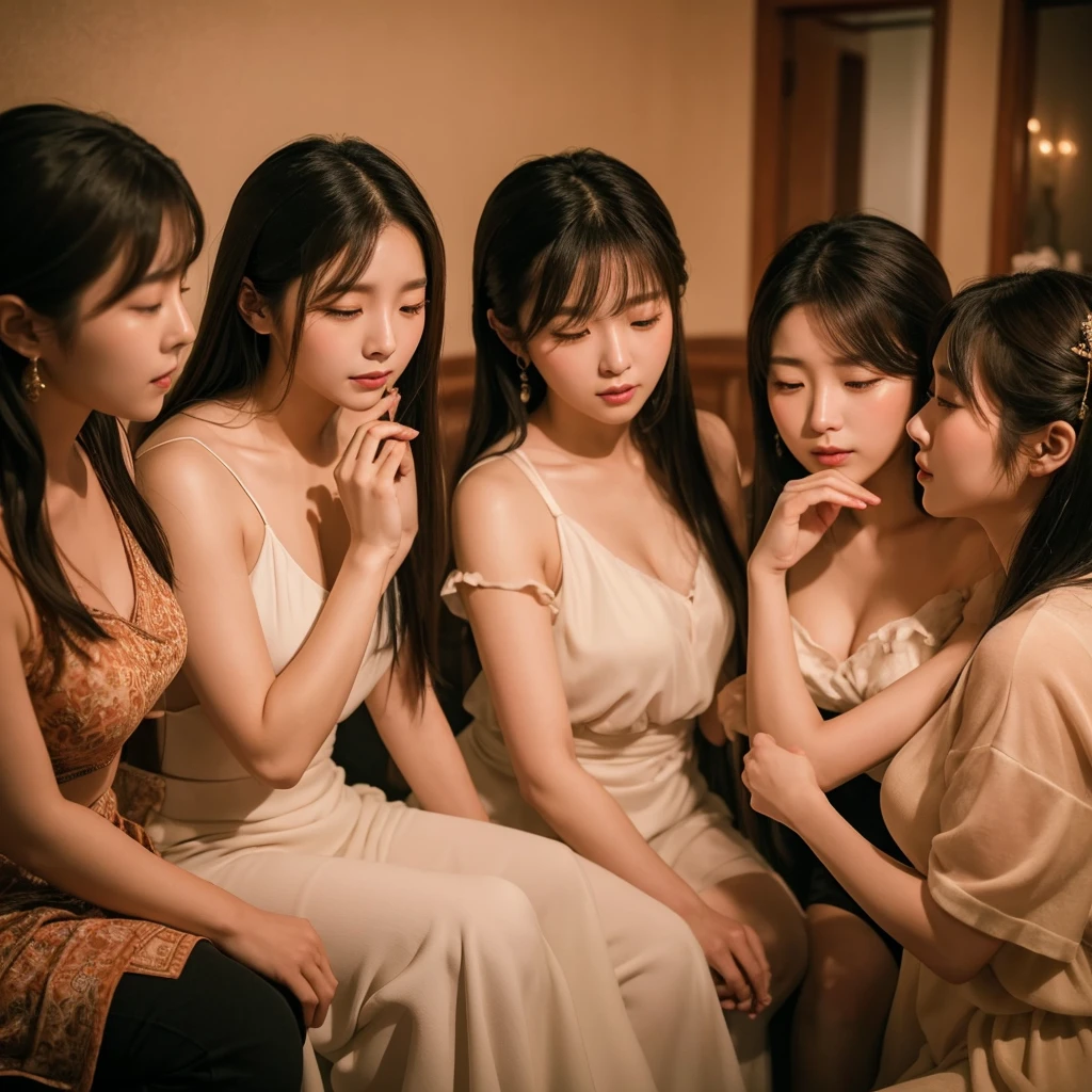 Prompt:
"Three Korean-style beautiful women singing emotionally in an intimate, warm-toned setting. The scene is warm and intimate, with slow pan and tilt shots capturing their emotive performances. The lighting is warm and soft, emphasizing their emotional expressions."