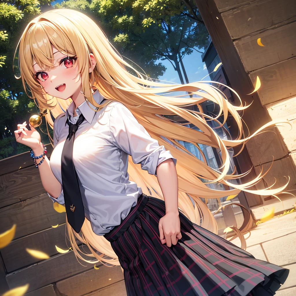 4K, Masterpiece, highres, absurdres,natural volumetric lighting and best shadows, deep depth of field, sharp focus, soft delicate beautiful attractive face,bisquedoll anime style ,[kitagawa marin|Nadia], 1girl, :d, upper body, bead bracelet, beads, black necktie, blonde hair, blue skirt, blush, bracelet, hand on own hip, jewelry, long hair, looking at viewer, necktie, open mouth, plaid, plaid skirt, red eyes, , shirt, outdoors, skirt, smile, solo, standing,white background, white shirt,