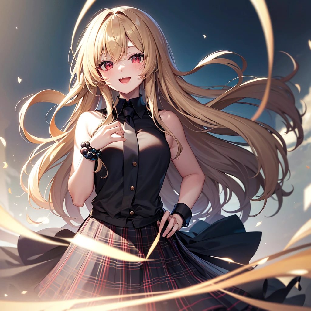4K, Masterpiece, highres, absurdres,natural volumetric lighting and best shadows, deep depth of field, sharp focus, soft delicate beautiful attractive face,bisquedoll anime style ,[kitagawa marin|Nadia], 1girl, :d, upper body, bead bracelet, beads, black necktie, blonde hair, blue skirt, blush, bracelet, hand on own hip, jewelry, long hair, looking at viewer, necktie, open mouth, plaid, plaid skirt, red eyes, , shirt, outdoors, skirt, smile, solo, standing,white background, white shirt,