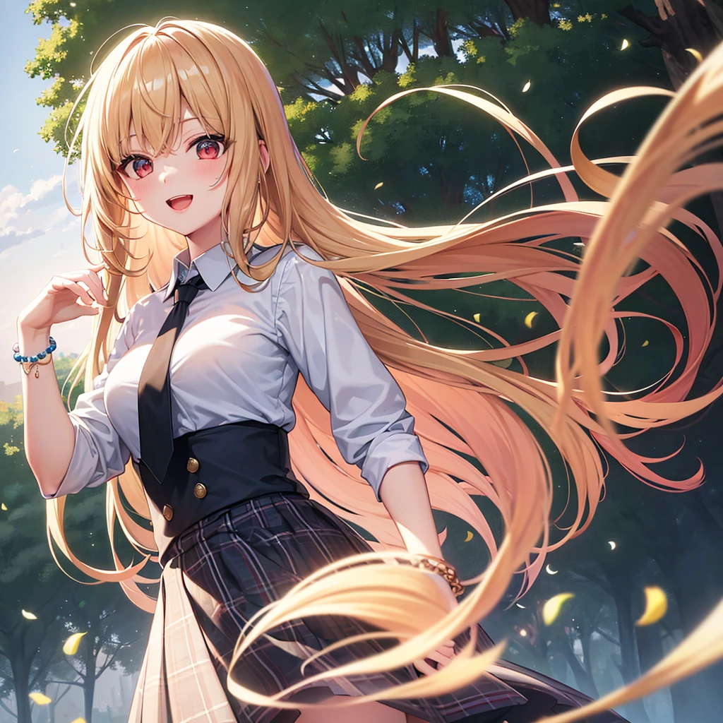 4K, Masterpiece, highres, absurdres,natural volumetric lighting and best shadows, deep depth of field, sharp focus, soft delicate beautiful attractive face,bisquedoll anime style ,[kitagawa marin|Nadia], 1girl, :d, upper body, bead bracelet, beads, black necktie, blonde hair, blue skirt, blush, bracelet, hand on own hip, jewelry, long hair, looking at viewer, necktie, open mouth, plaid, plaid skirt, red eyes, , shirt, outdoors, skirt, smile, solo, standing,white background, white shirt,
