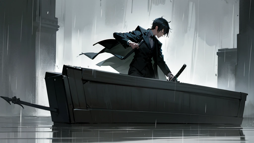 A man with a sword and coffin with rain and dark background