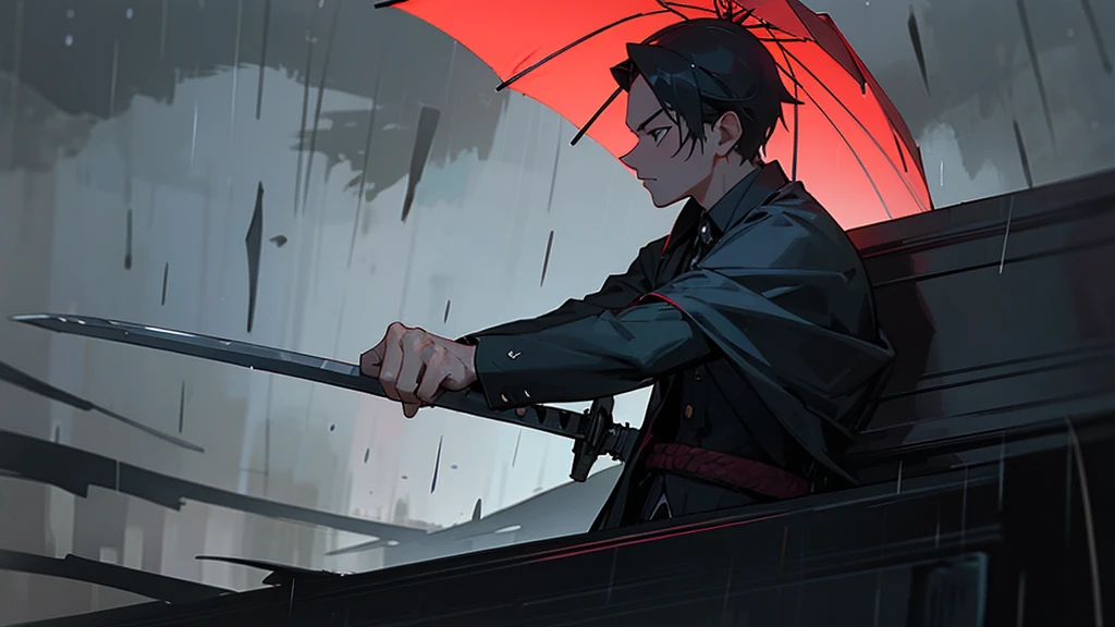 A man with a sword and coffin with rain and dark background
