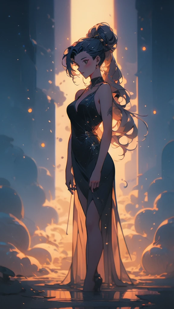 a girl with long hair and a black dress stands in front of a blue light, concept art by Ross Tran, Artstation, conceptual art, :: rossdraws, anime girl with cosmic hair, beautiful anime art style, loish |, jen bartel, loish art style, ross tran style, artgerm and atey ghailan