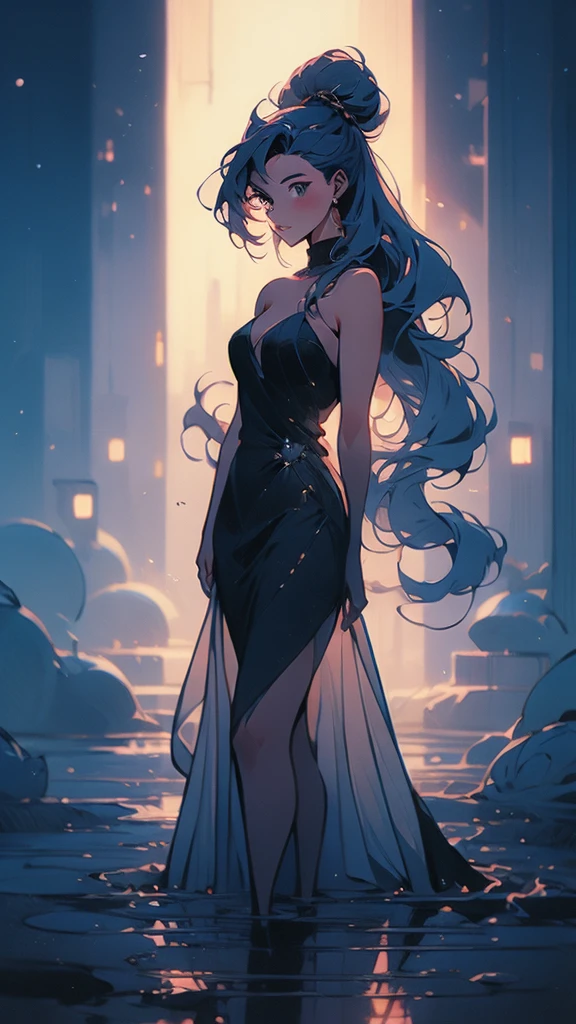 a girl with long hair and a black dress stands in front of a blue light, :: rossdraws, anime girl with cosmic hair, beautiful anime art style, loish |, jen bartel, loish art style, ross tran style, artgerm and atey ghailan, by Ross Tran, in the style of ross tran, by Ryan Yee