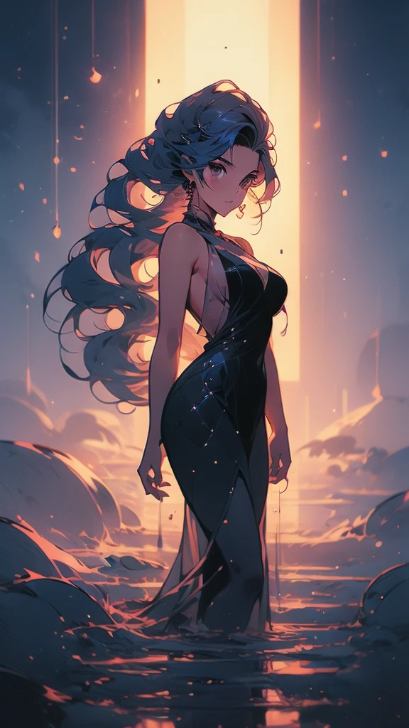a girl with long hair and a black dress stands in front of a blue light, concept art by Ross Tran, Artstation, conceptual art, :: rossdraws, anime girl with cosmic hair, beautiful anime art style, loish |, jen bartel, loish art style, ross tran style, artgerm and atey ghailan