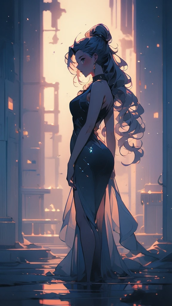 a girl with long hair and a black dress stands in front of a blue light, concept art by Ross Tran, Artstation, conceptual art, :: rossdraws, anime girl with cosmic hair, beautiful anime art style, loish |, jen bartel, loish art style, ross tran style, artgerm and atey ghailan