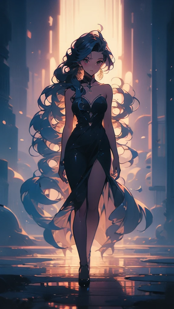 a girl with long hair and a black dress stands in front of a blue light, concept art by Ross Tran, Artstation, conceptual art, :: rossdraws, anime girl with cosmic hair, beautiful anime art style, loish |, jen bartel, loish art style, ross tran style, artgerm and atey ghailan
