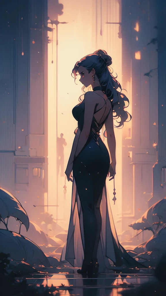 a girl with long hair and a black dress stands in front of a blue light, concept art by Ross Tran, Artstation, conceptual art, :: rossdraws, anime girl with cosmic hair, beautiful anime art style, loish |, jen bartel, loish art style, ross tran style, artgerm and atey ghailan