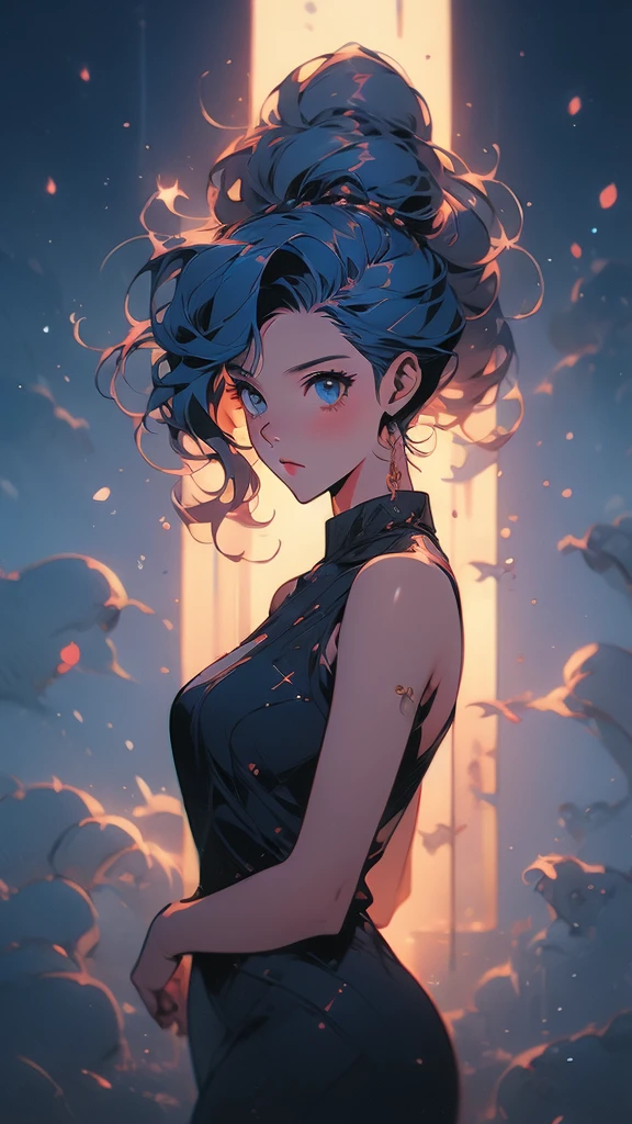 a girl with long hair and a black dress stands in front of a blue light, concept art by Ross Tran, Artstation, conceptual art, :: rossdraws, anime girl with cosmic hair, beautiful anime art style, loish |, jen bartel, loish art style, ross tran style, artgerm and atey ghailan