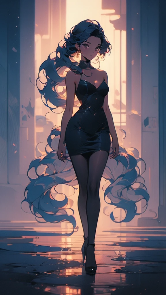 a girl with long hair and a black dress stands in front of a blue light, concept art by Ross Tran, Artstation, conceptual art, :: rossdraws, anime girl with cosmic hair, beautiful anime art style, loish |, jen bartel, loish art style, ross tran style, artgerm and atey ghailan
